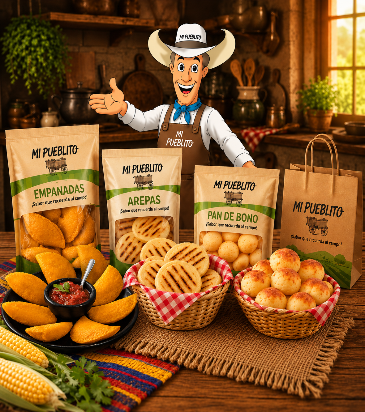 Productos artesanales colombianos de Distribuidora Mi Pueblito: empanadas, arepas y pandebono